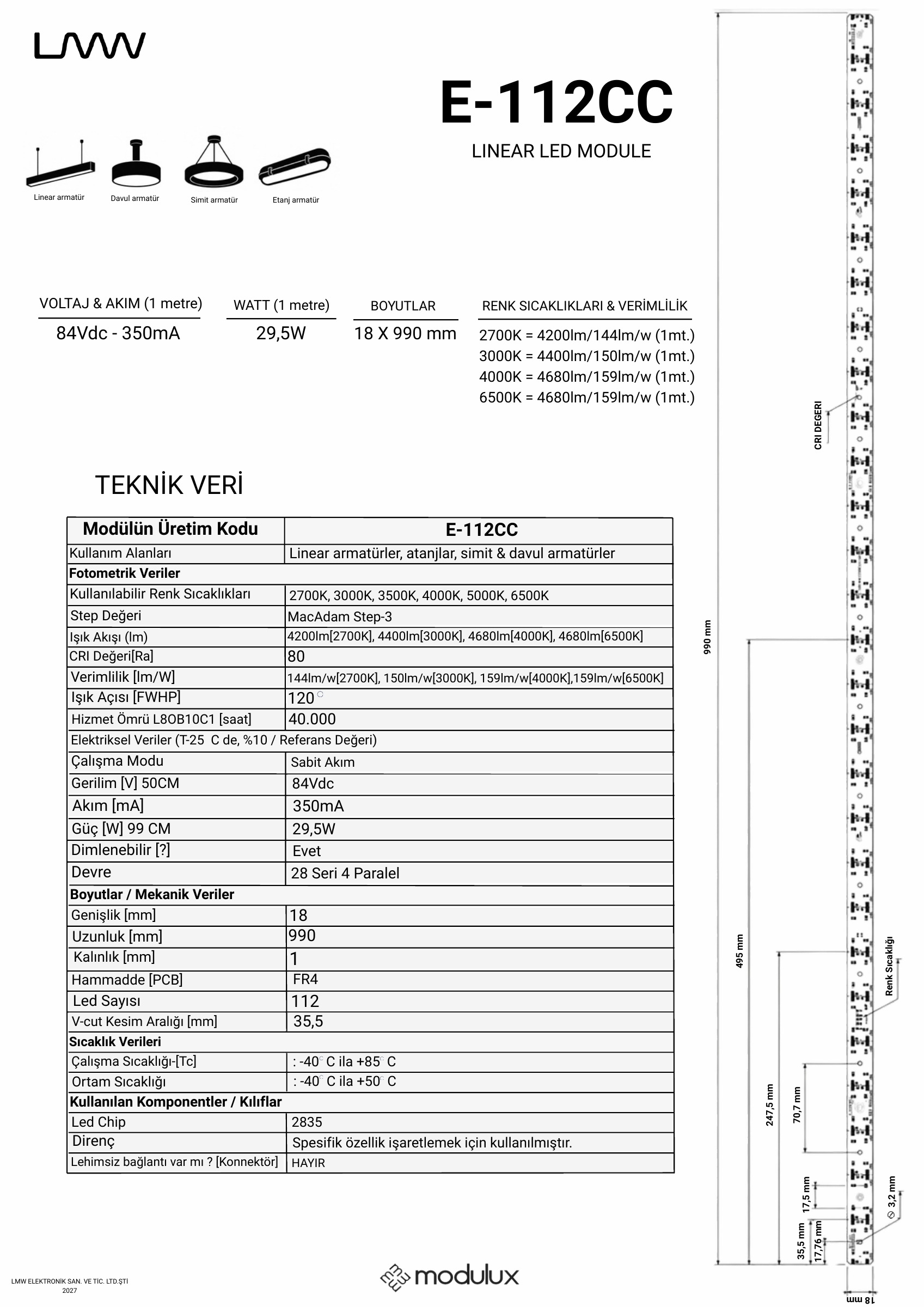 e-112CC katalog sayfası 1: ürün çizimi, ölçüler ve teknik veri tablosu