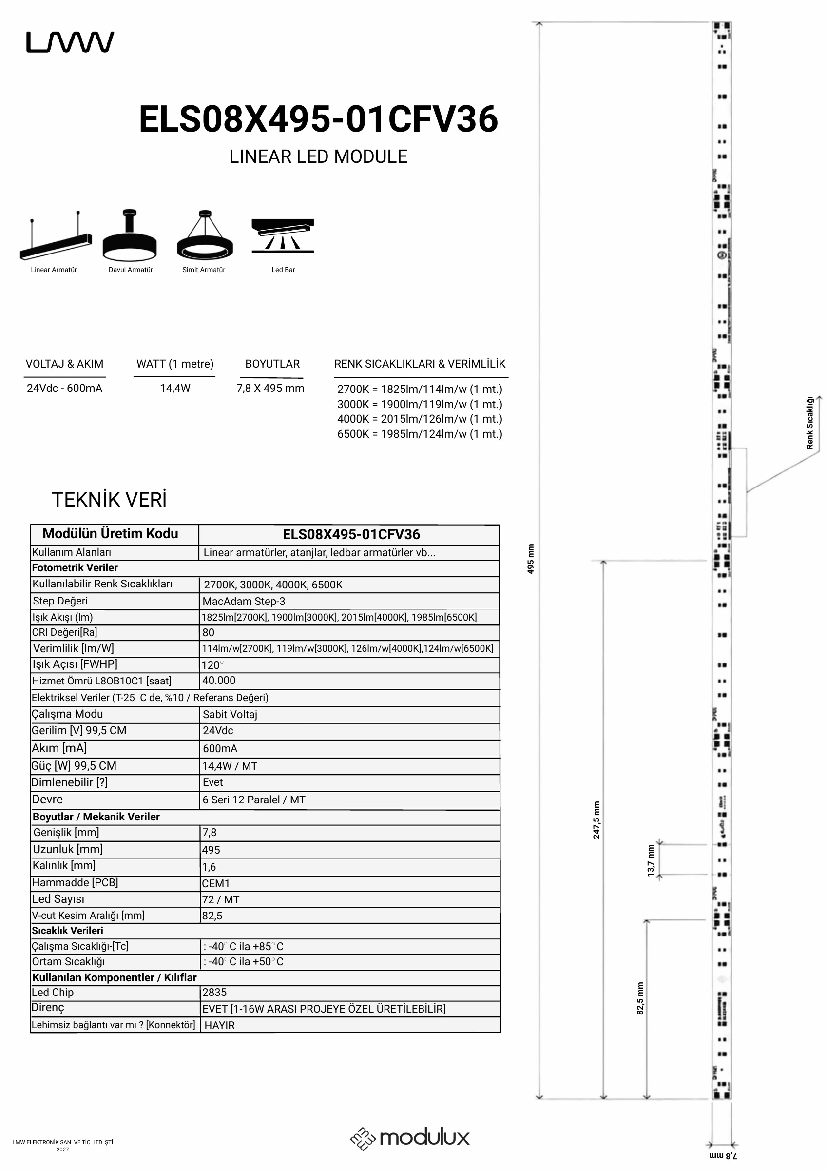 ELS08X495-01CFV36 katalog sayfası 1: ürün çizimi, ölçüler ve teknik veri tablosu