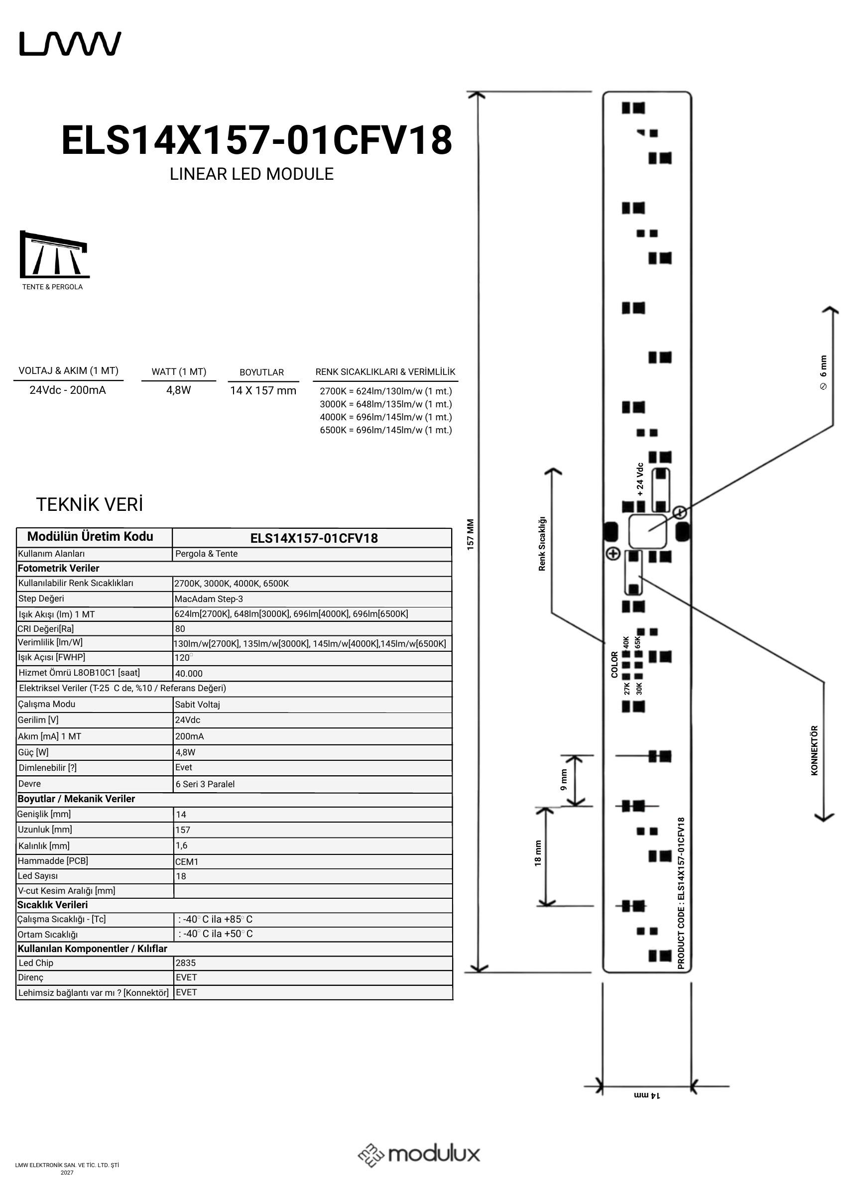 ELS14X157-01CFV18 katalog sayfası 1: ürün çizimi, ölçüler ve teknik veri tablosu