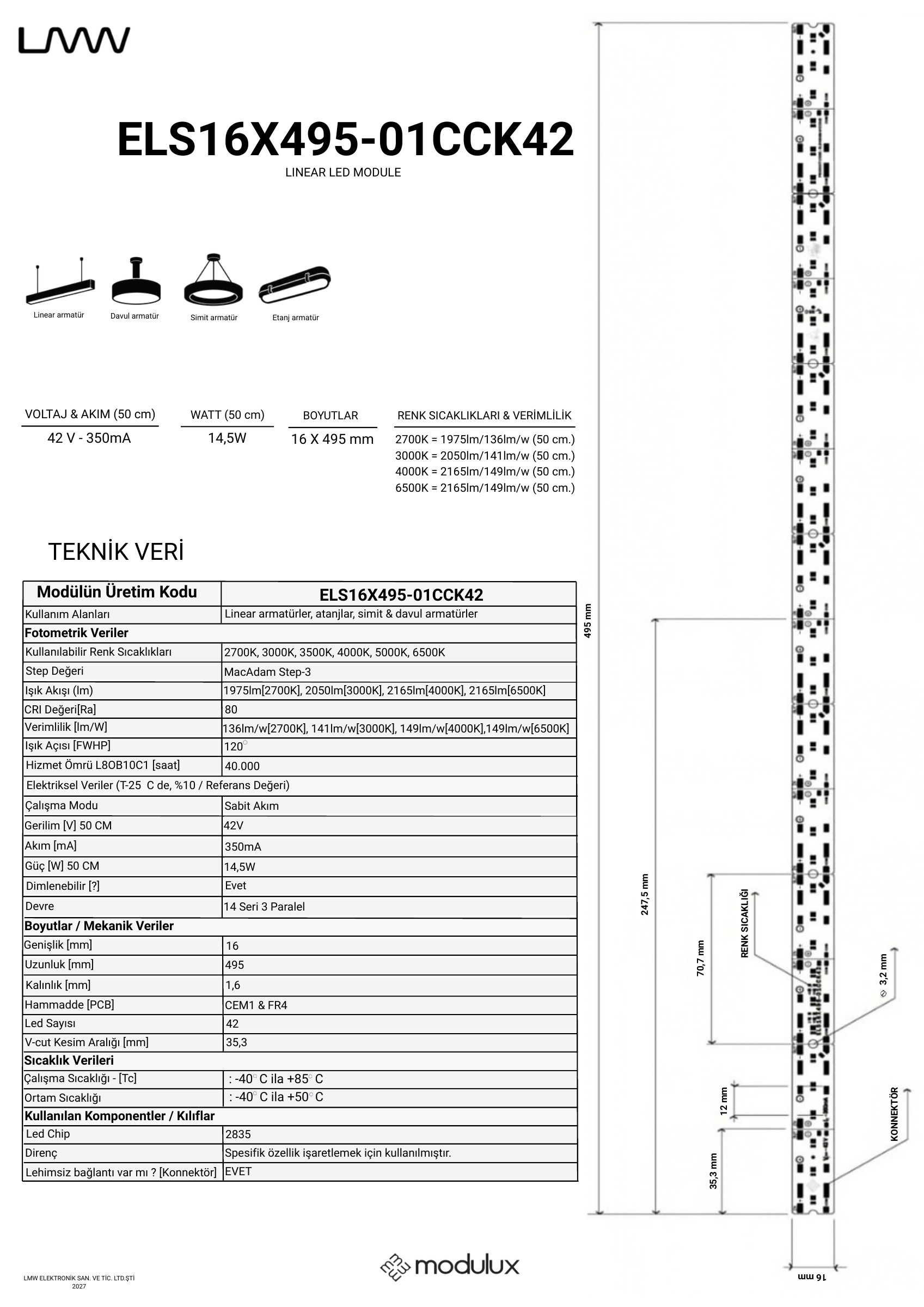 ELS16X495-01CCK42 katalog sayfası 1: ürün çizimi, ölçüler ve teknik veri tablosu