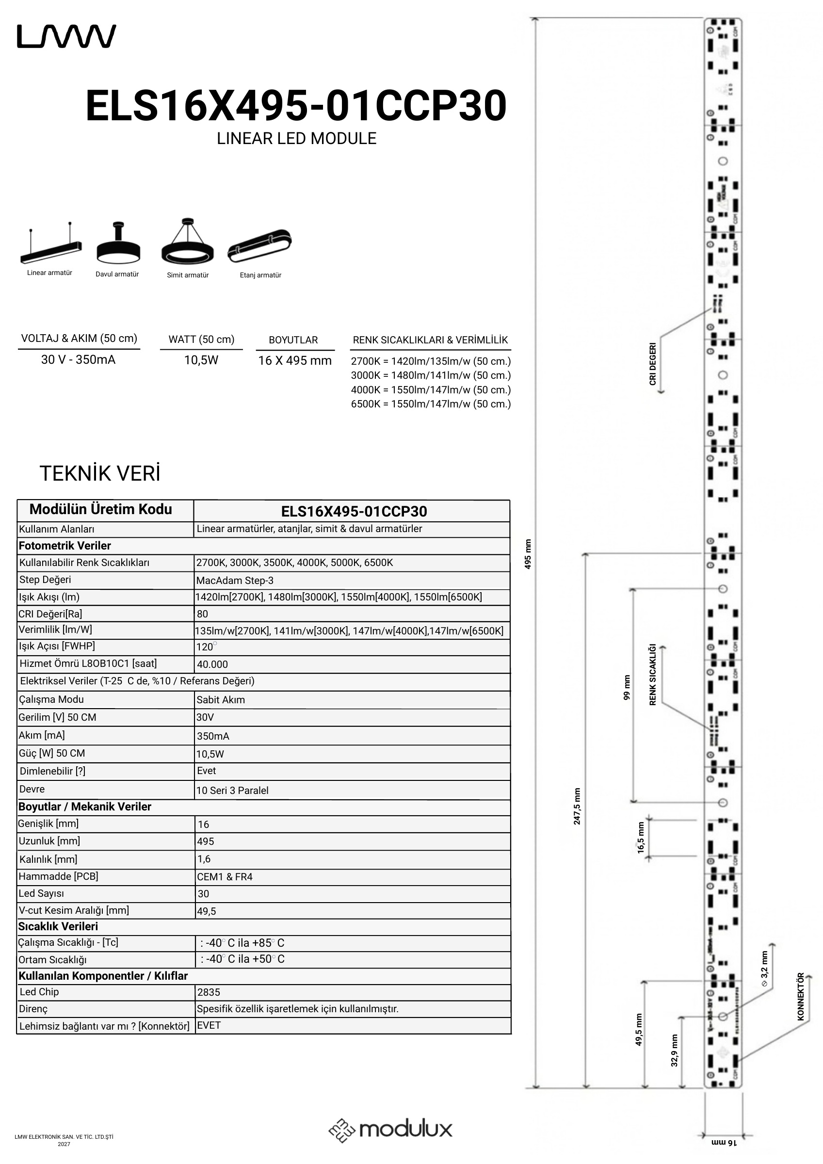 ELS16X495-01CCP30 katalog sayfası 1: ürün çizimi, ölçüler ve teknik veri tablosu