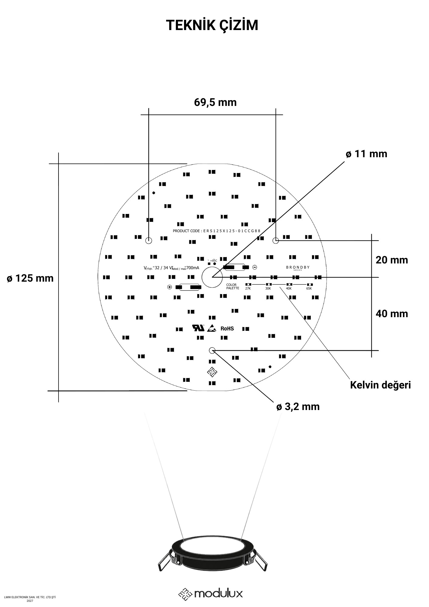 ERS125X125-01CCG88 katalog sayfası 2: ürün çizimi, ölçüler ve teknik veri tablosu