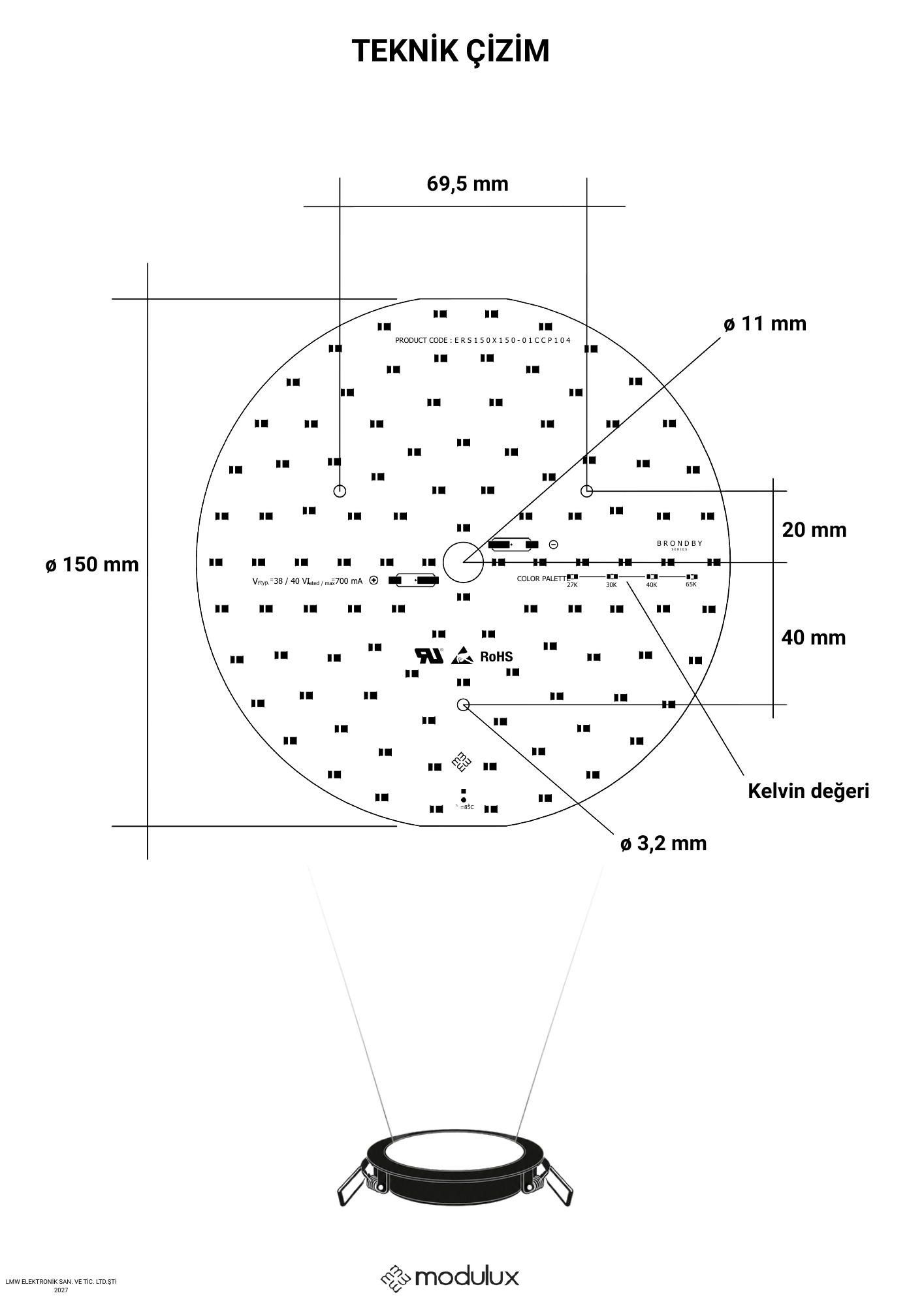 ERS150X150-01CCP104 katalog sayfası 2: ürün çizimi, ölçüler ve teknik veri tablosu
