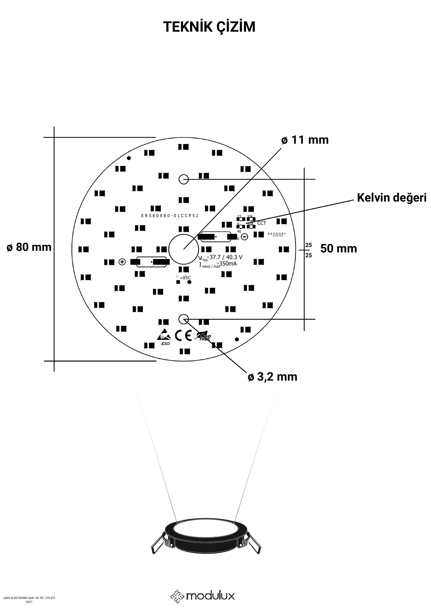 ERS80X80-01CCP52 katalog sayfası 2: ürün çizimi, ölçüler ve teknik veri tablosu