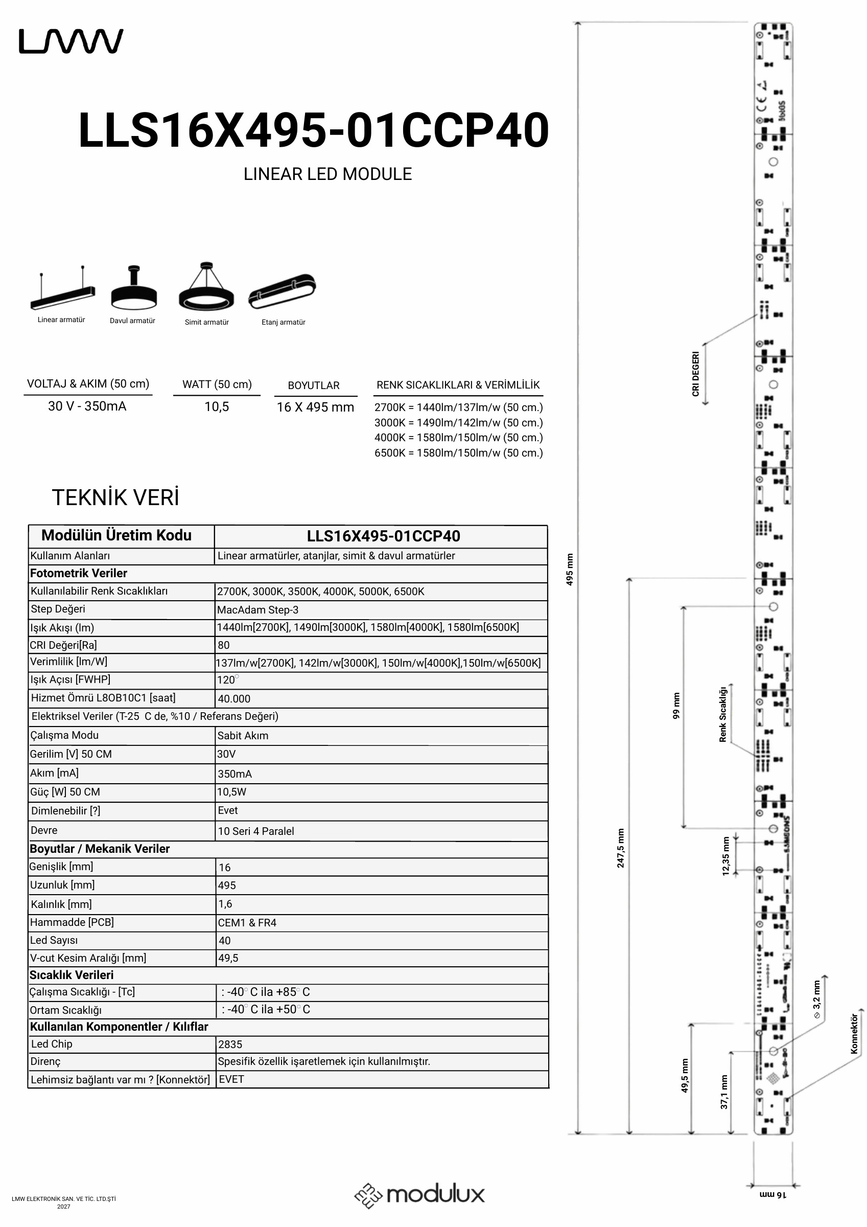 LLS16X495-01CCP40 katalog sayfası 1: ürün çizimi, ölçüler ve teknik veri tablosu